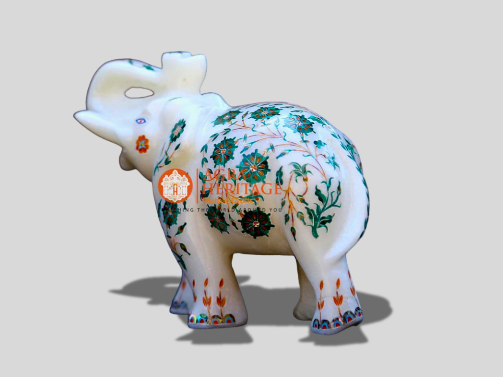 Malachite Inlay Floral Marble Elephant Sculpture For Gift